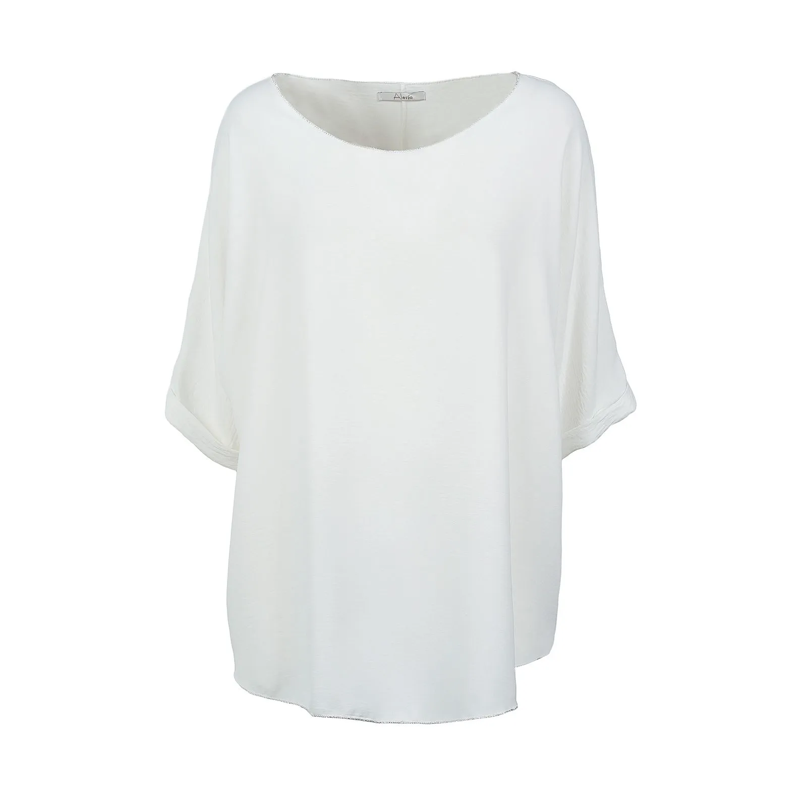 Blusa bianca morbida con scollo a brachetta e orlo con glitter