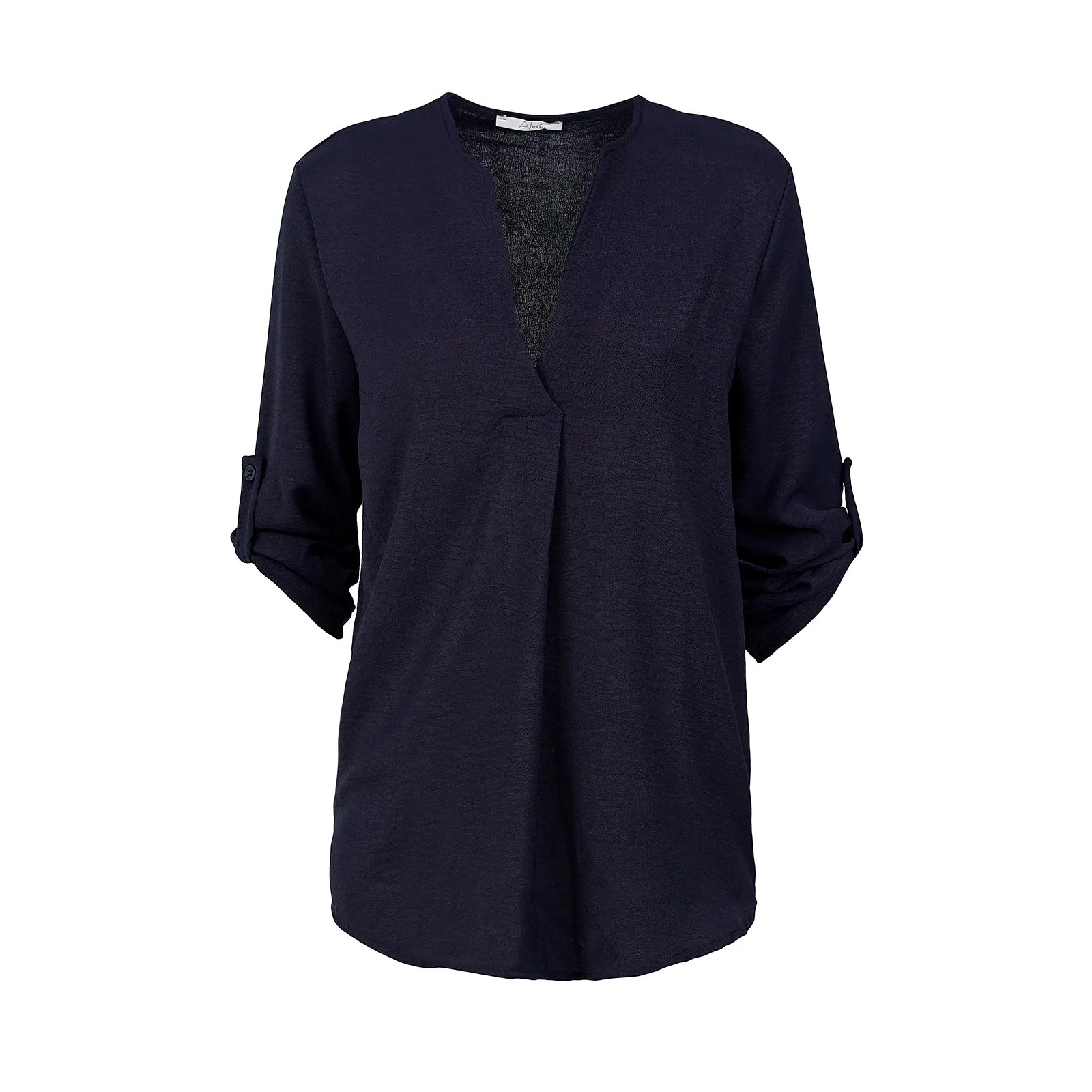 Blusa blu scuro con scollo a V e maniche arricciate