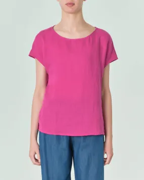 Blusa fucsia con davanti in lino e retro in jersey di cotone con maniche ad aletta