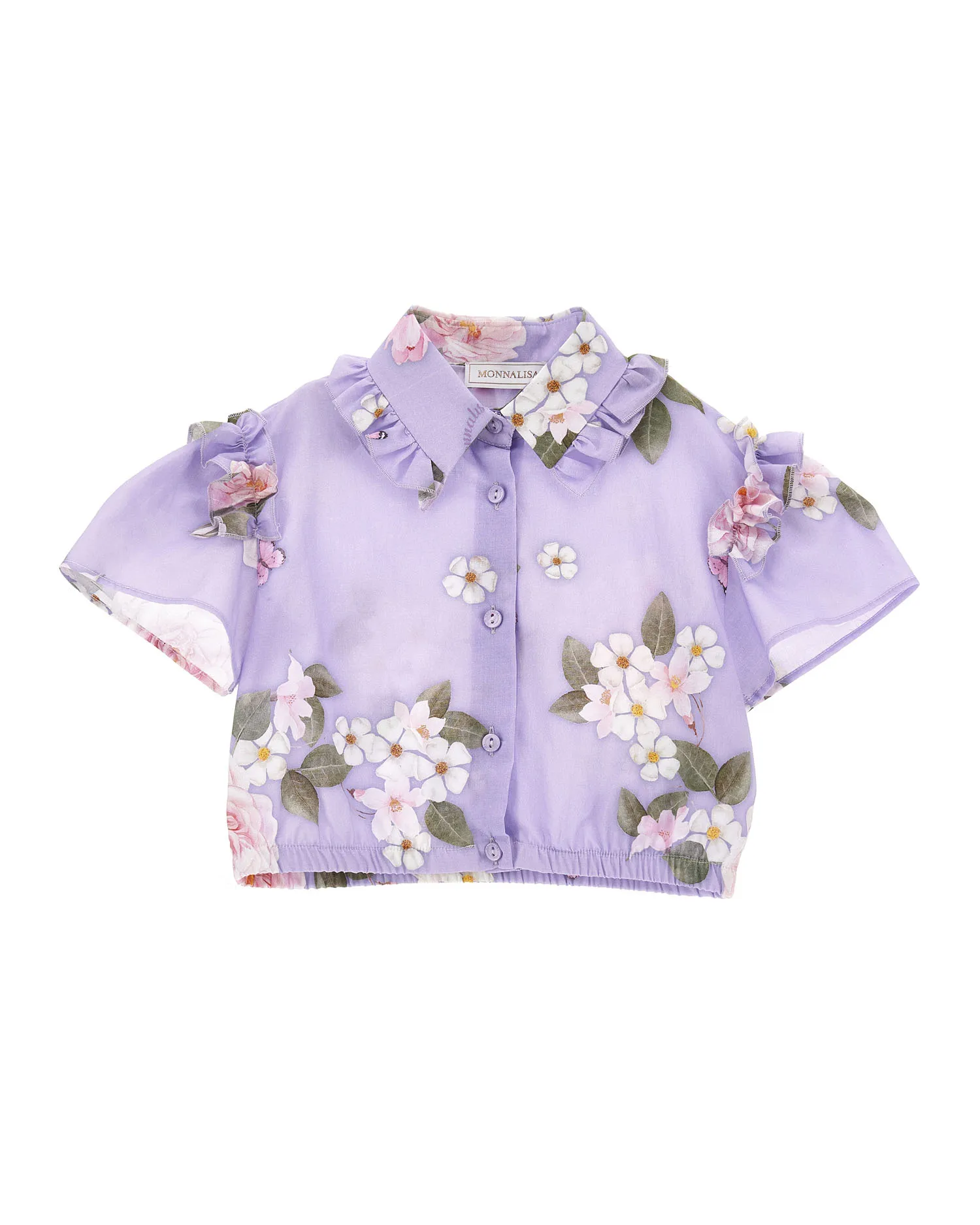 Blusa lilla cropped in mussola di cotone a fantasia floreale e maniche corte 8-12 anni