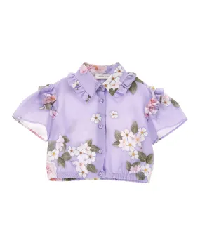 Blusa lilla cropped in mussola di cotone a fantasia floreale e maniche corte 8-12 anni