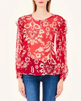 Blusa rossa a fantasia fiori beige in viscosa e seta con volant lungo le maniche e i fianchi