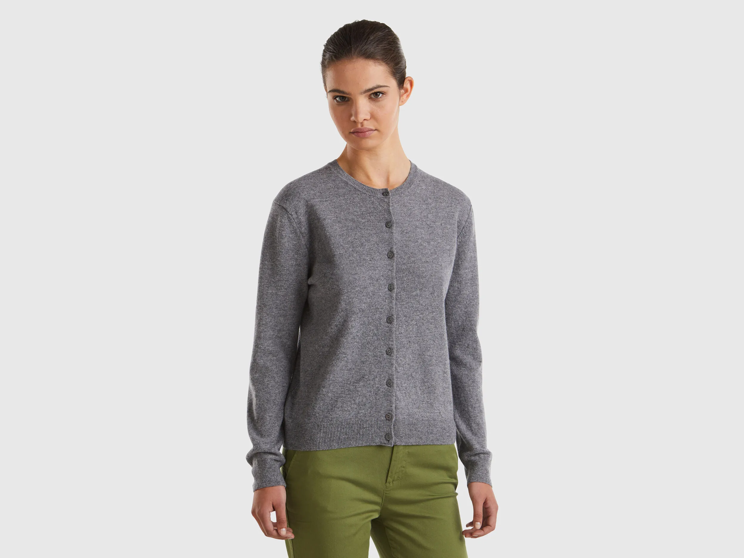 Nuovi arrivi Cardigan girocollo grigio in pura lana Merino