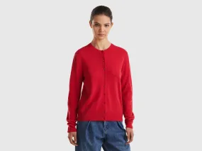 Nuovi arrivi Cardigan girocollo rosso prugna in pura lana Merino