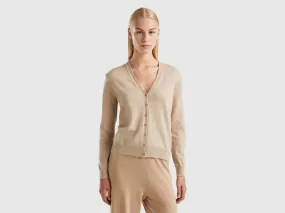 Nuovi arrivi Cardigan scollo a V beige in pura lana Merino