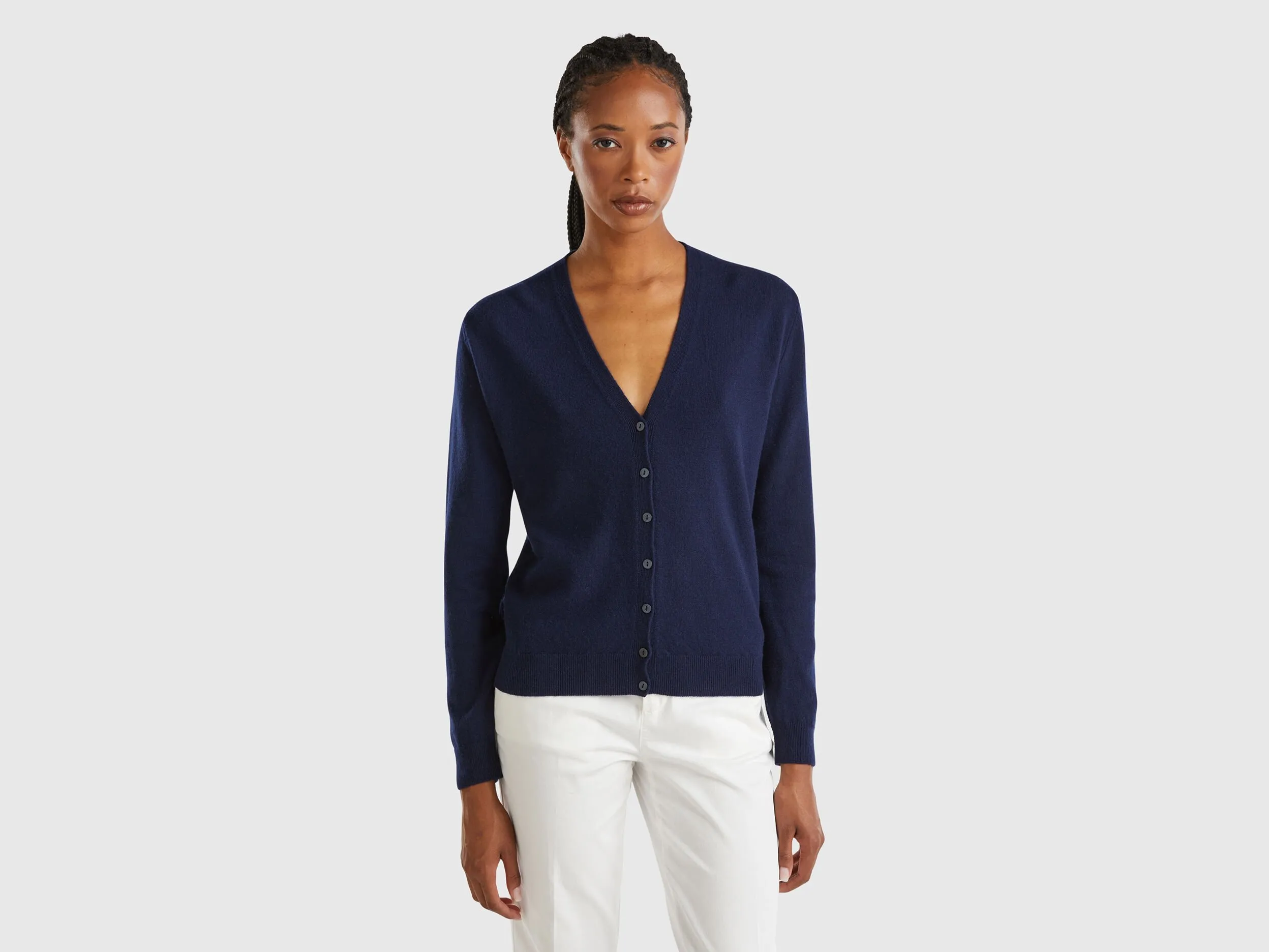 Nuovi arrivi Cardigan scollo a V blu scuro in pura lana Merino