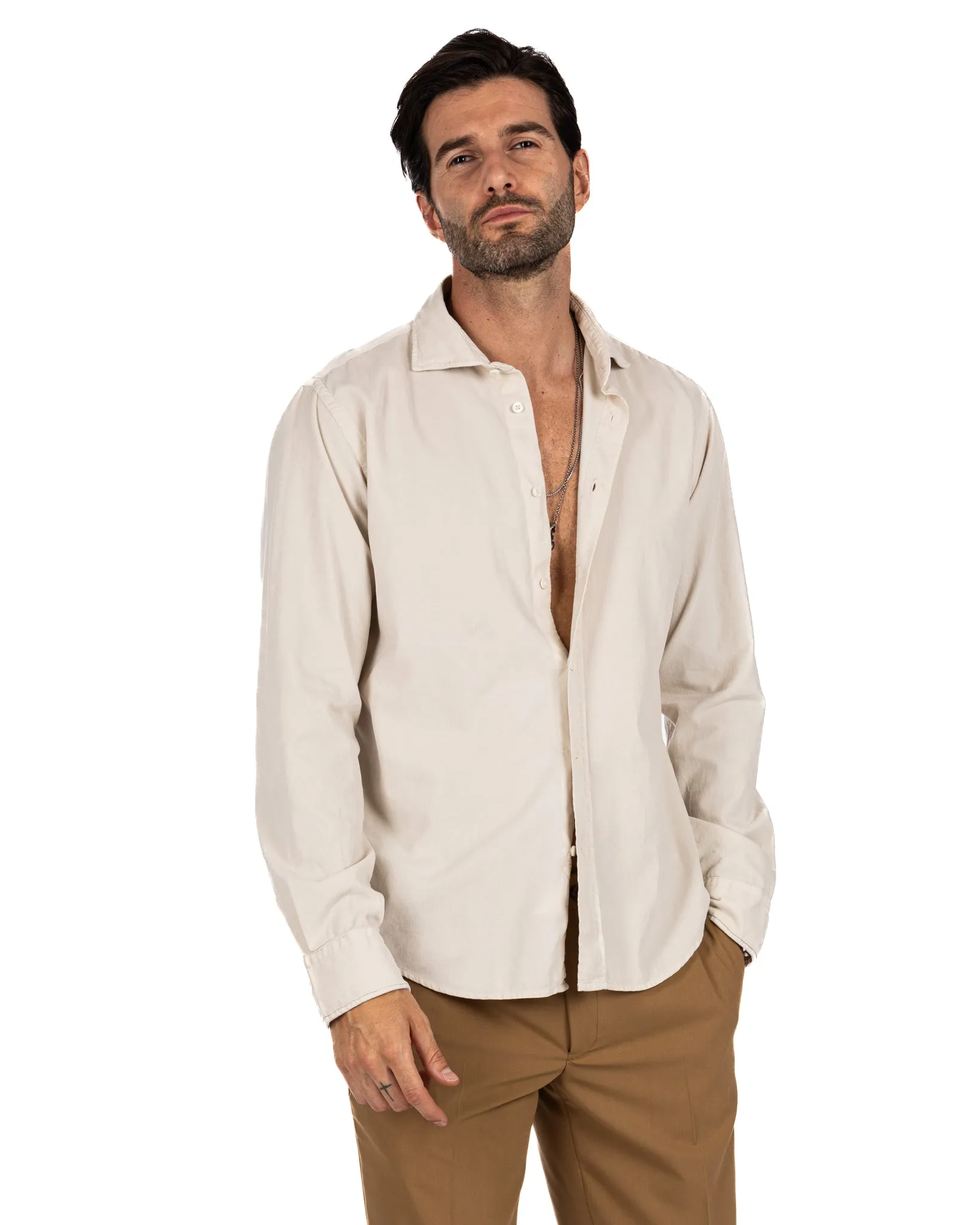 Vega - camicia beige in velluto mille righe