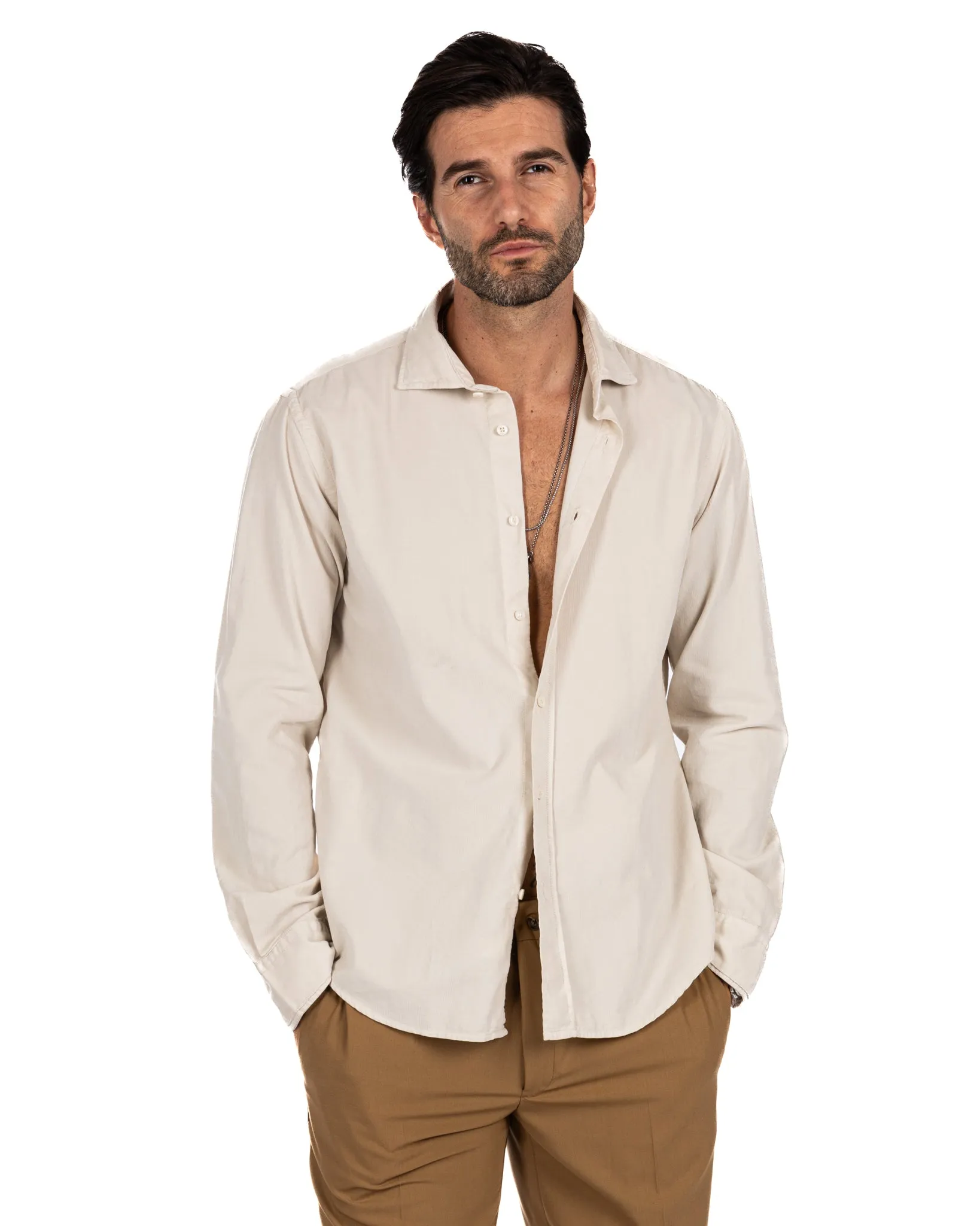 Vega - camicia beige in velluto mille righe