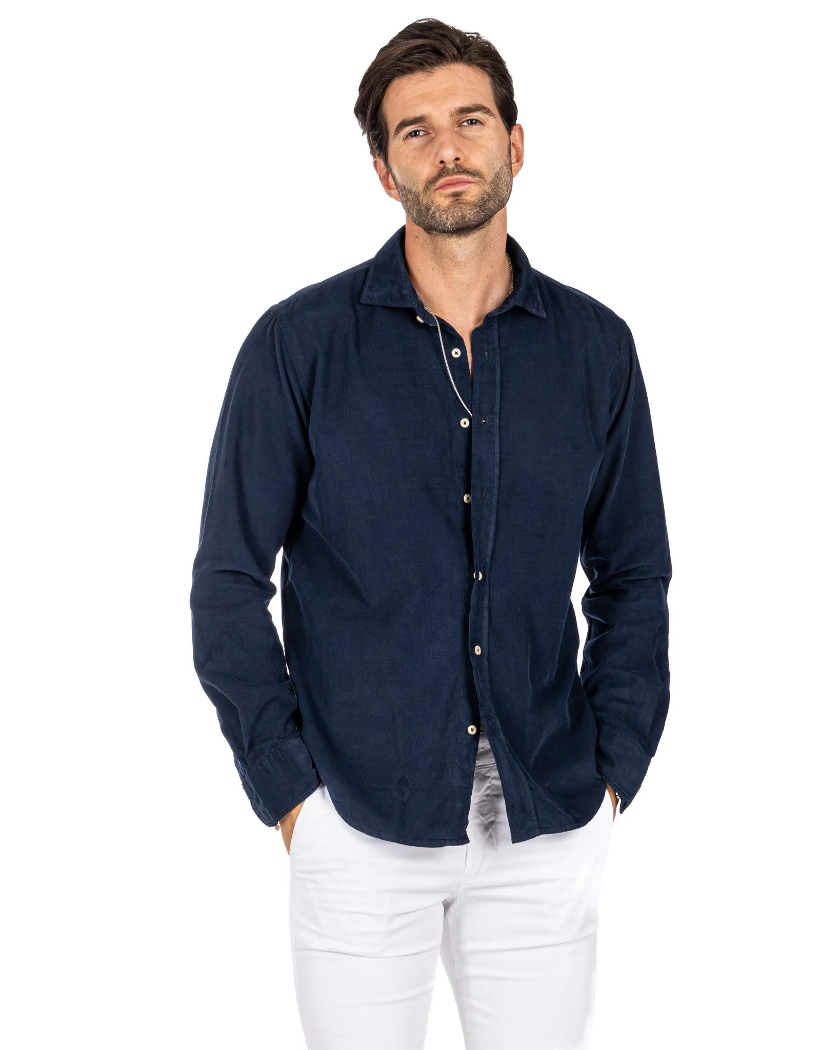 Vega - camicia blu in velluto mille righe