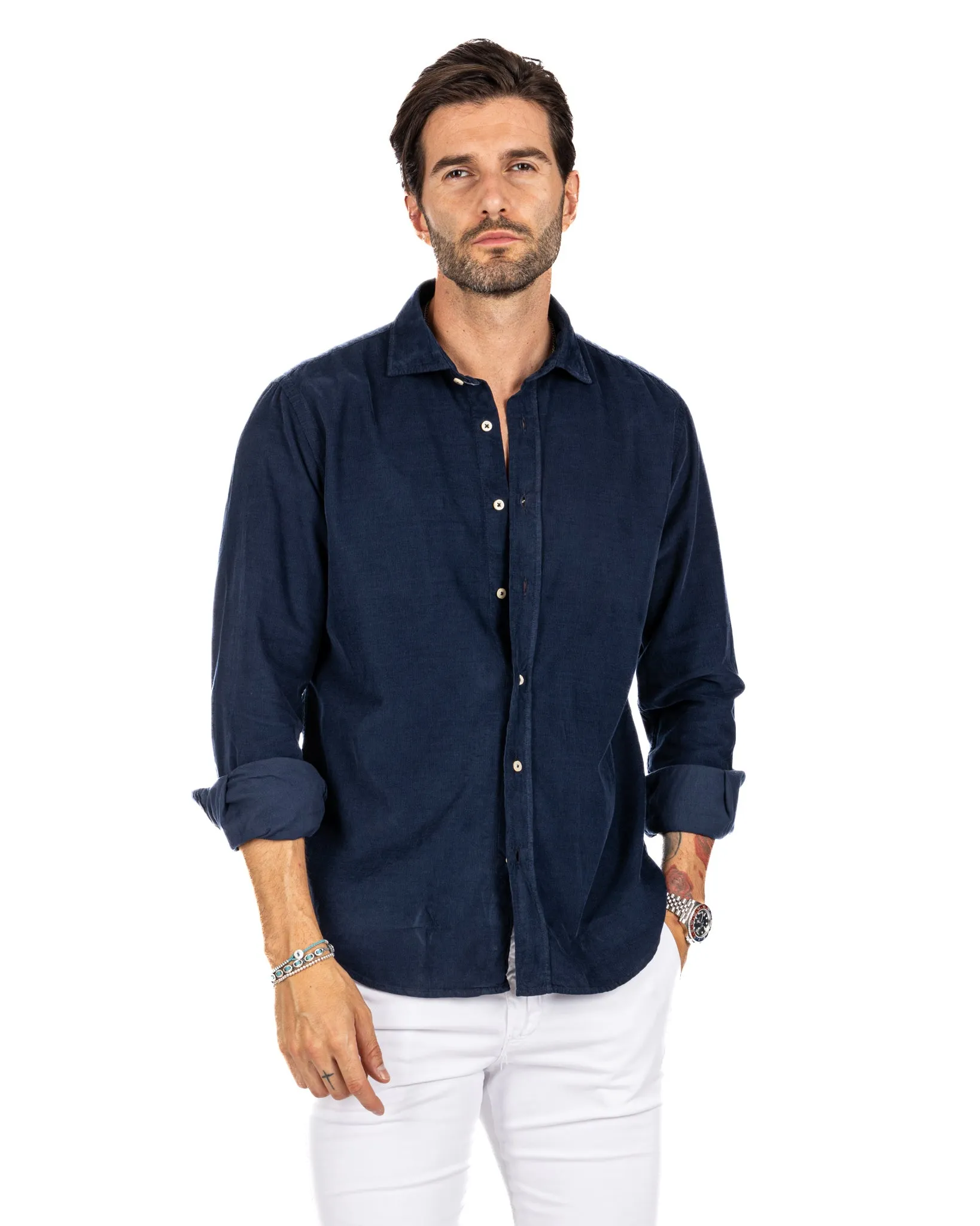 Vega - camicia blu in velluto mille righe