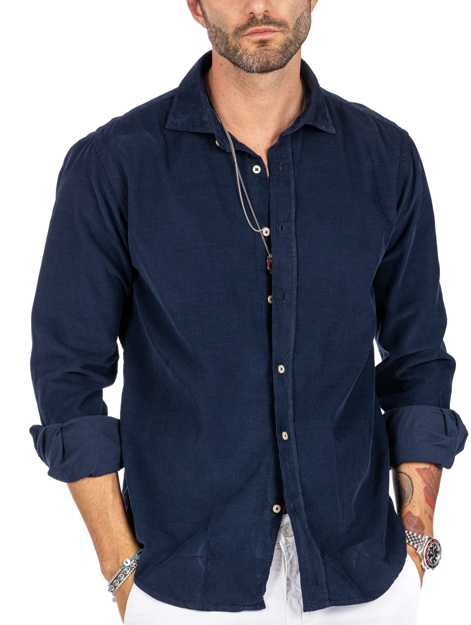 Vega - camicia blu in velluto mille righe