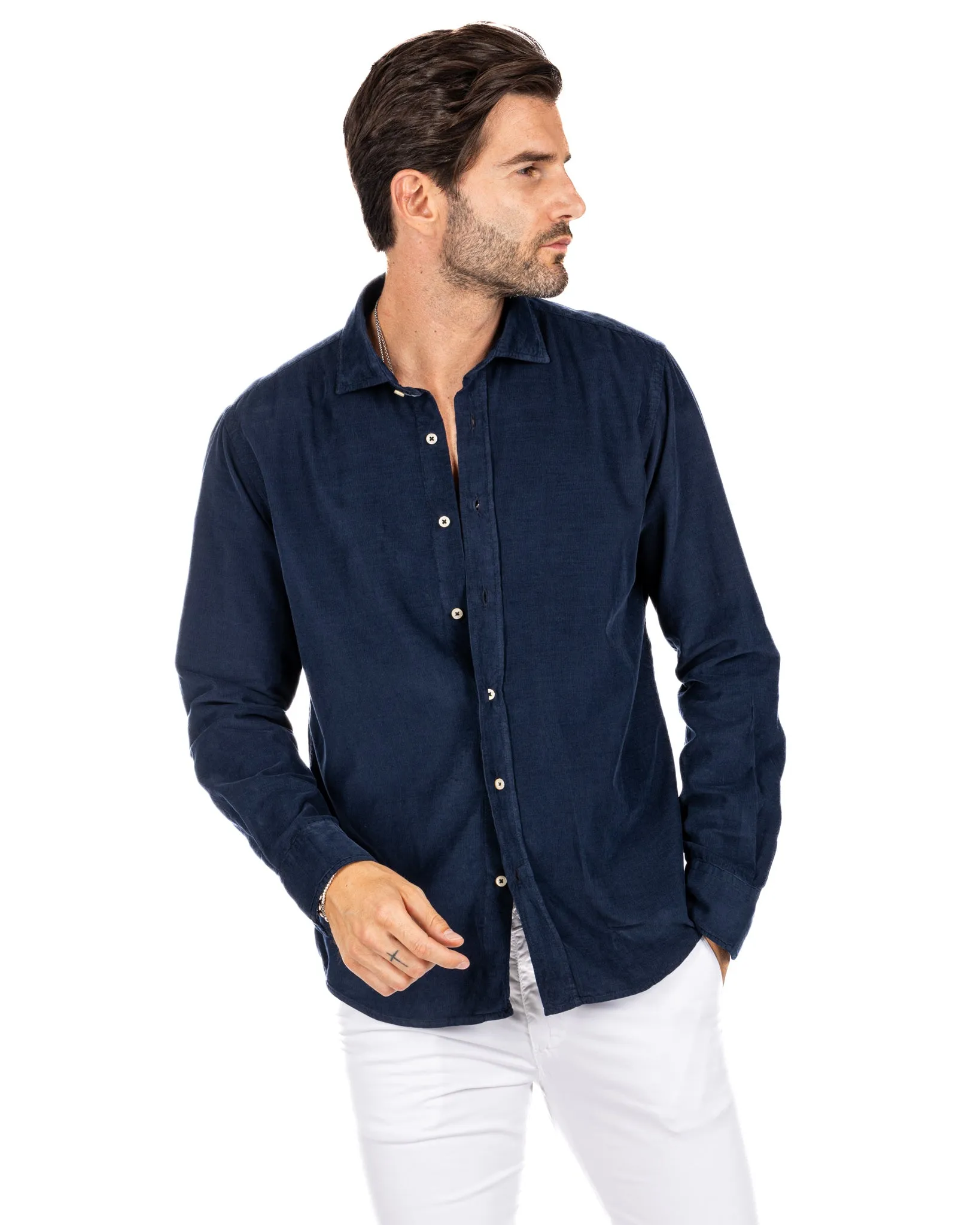 Vega - camicia blu in velluto mille righe