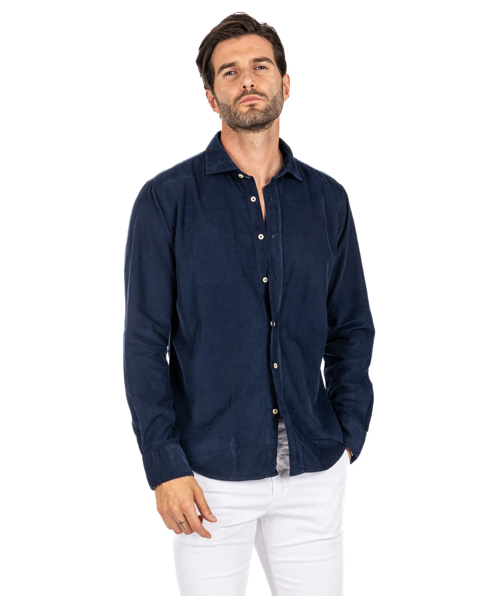 Vega - camicia blu in velluto mille righe