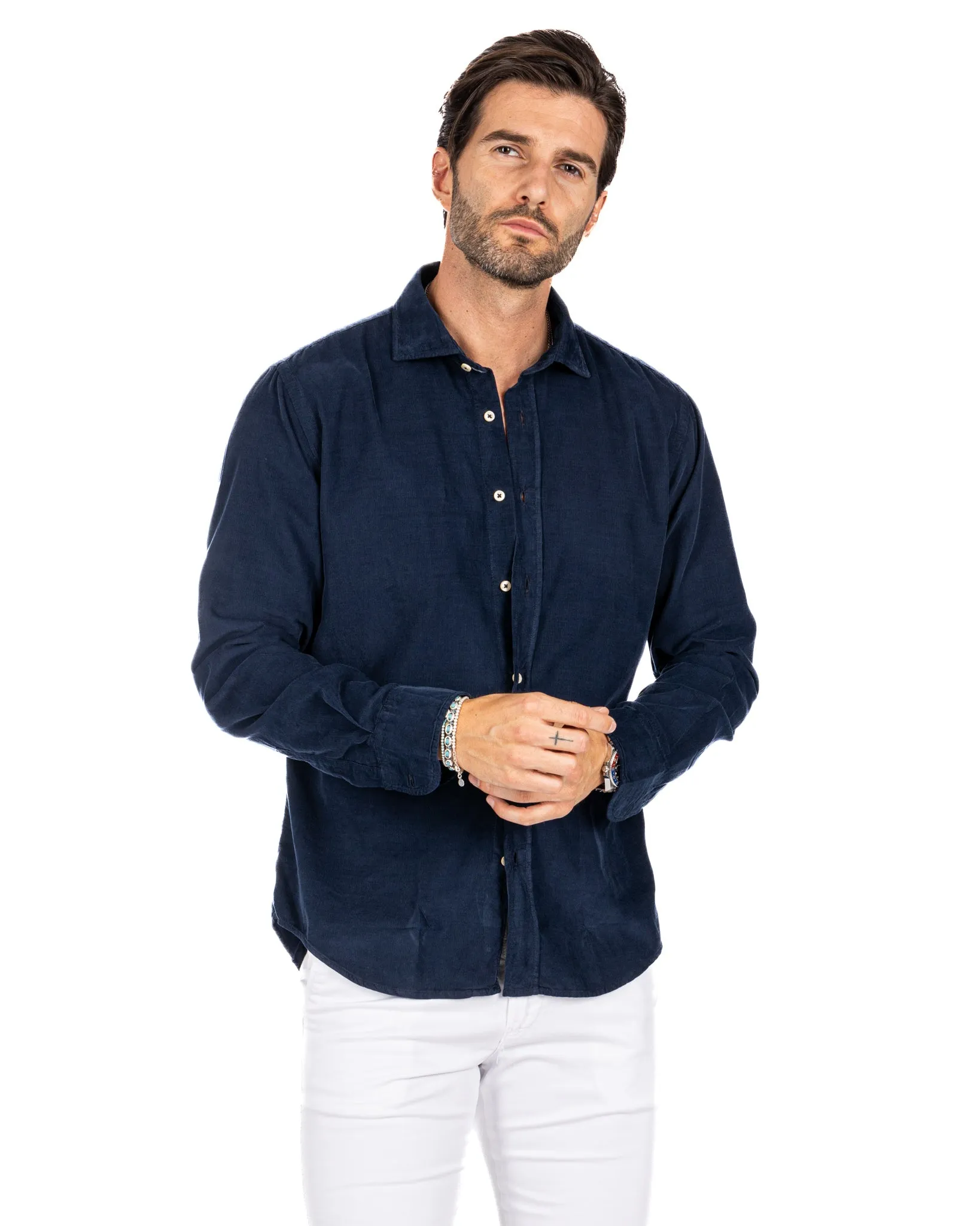 Vega - camicia blu in velluto mille righe