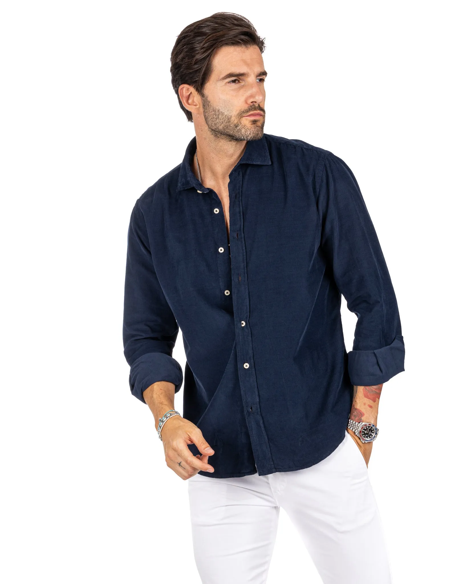 Vega - camicia blu in velluto mille righe