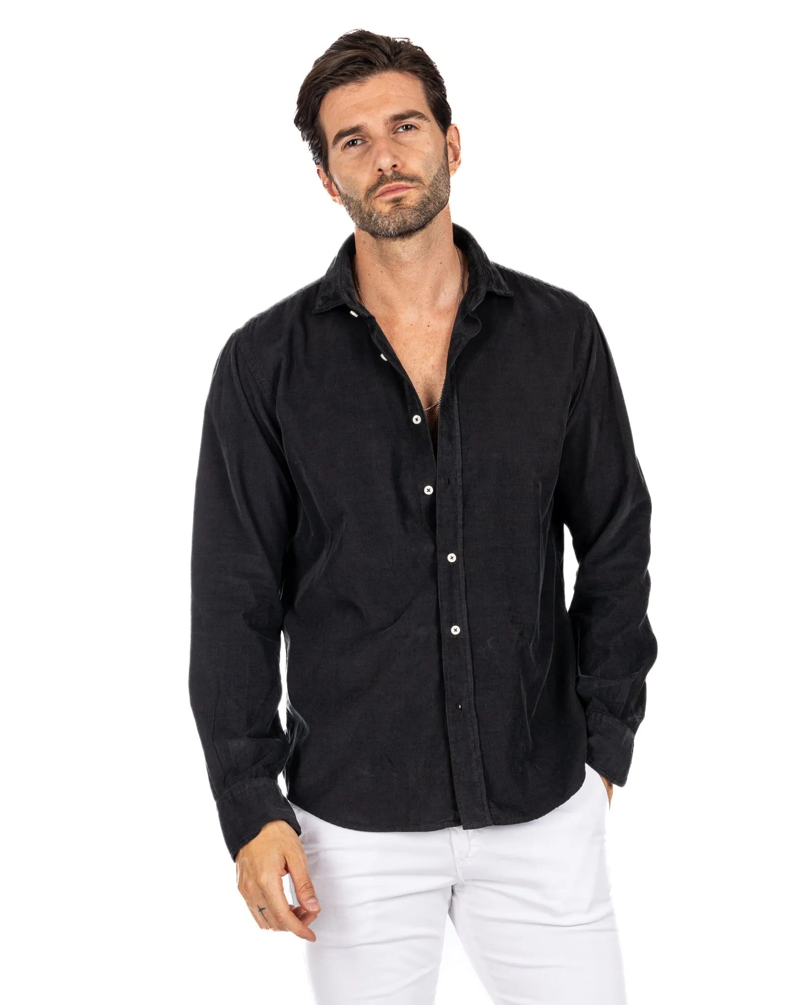 Vega - camicia nera in velluto mille righe