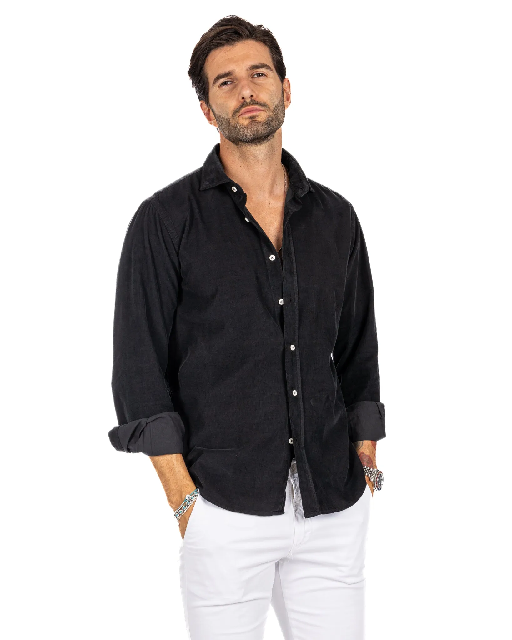 Vega - camicia nera in velluto mille righe