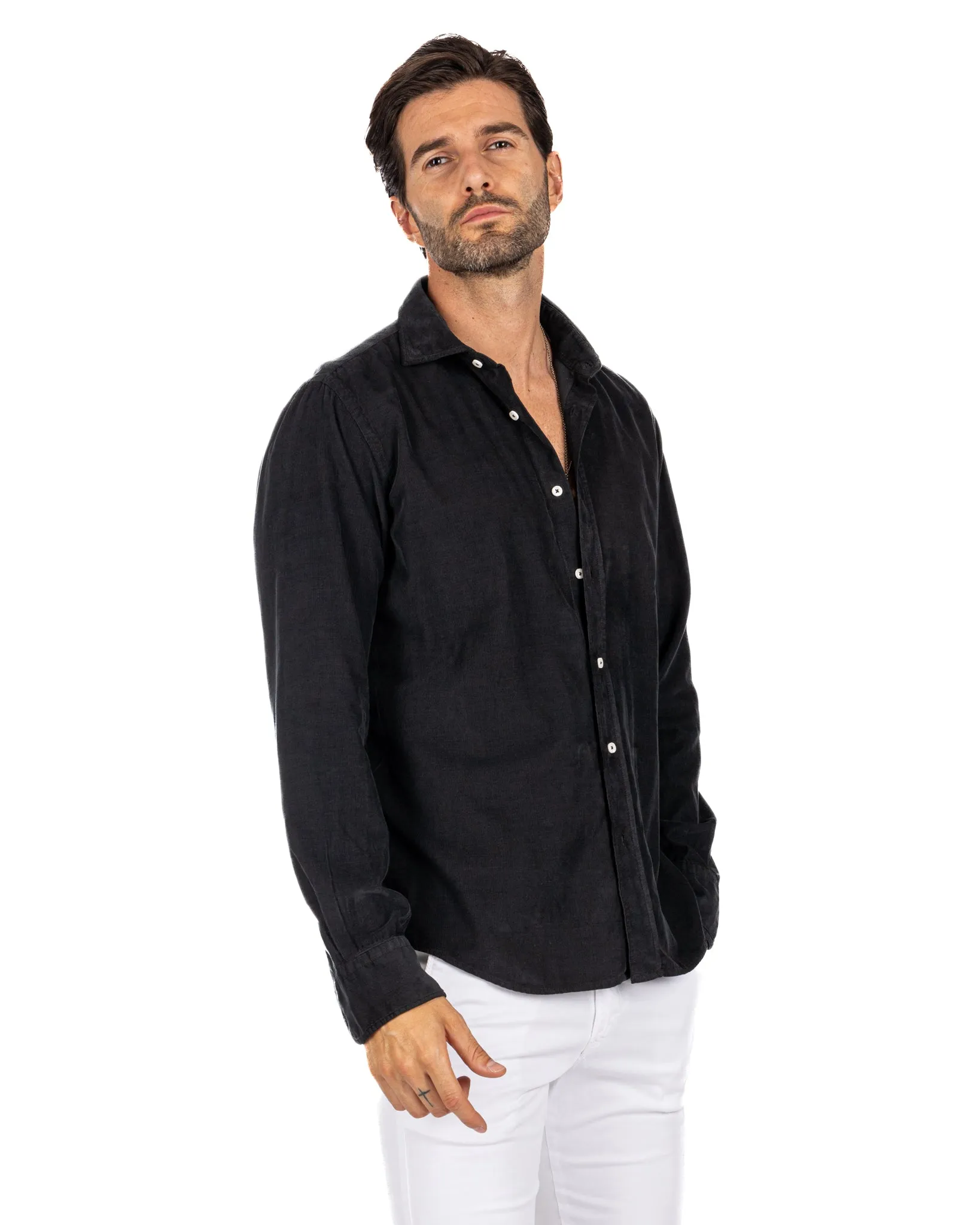 Vega - camicia nera in velluto mille righe