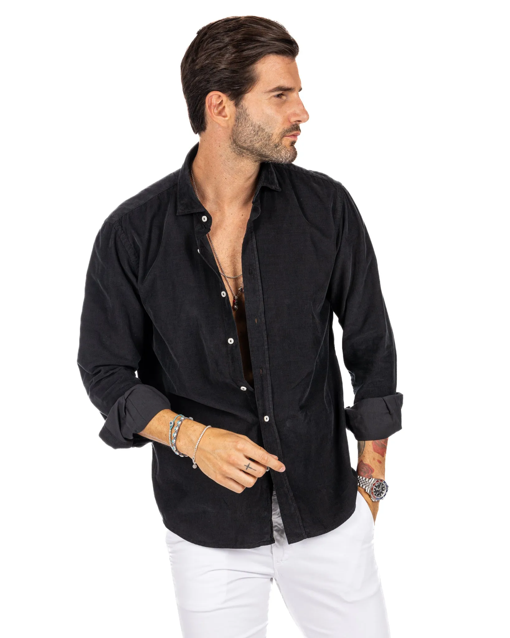 Vega - camicia nera in velluto mille righe